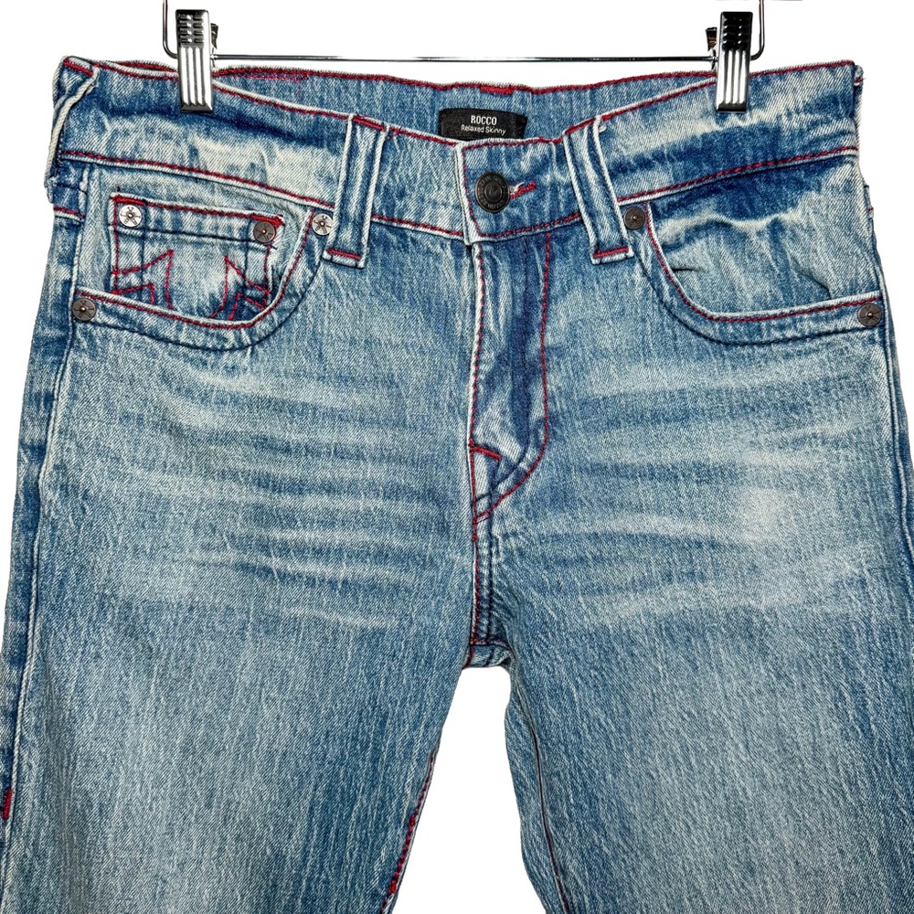 True Religion Mens Rocco Big T Relaxed Skinny Jeans 32x31 Red Stitch Y2K Stretch - Picture 3 of 14